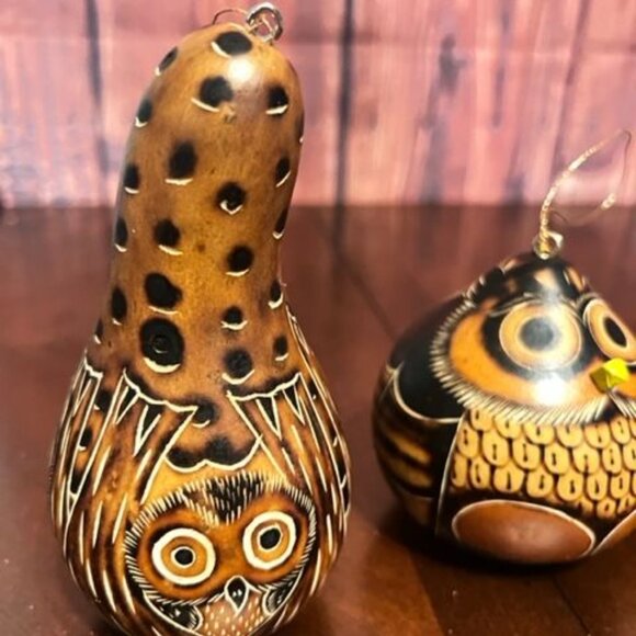 Handcrafted Gourd Owl Ornaments Set of 3 by Lucuma designs artistic detailing - Picture 7 of 7